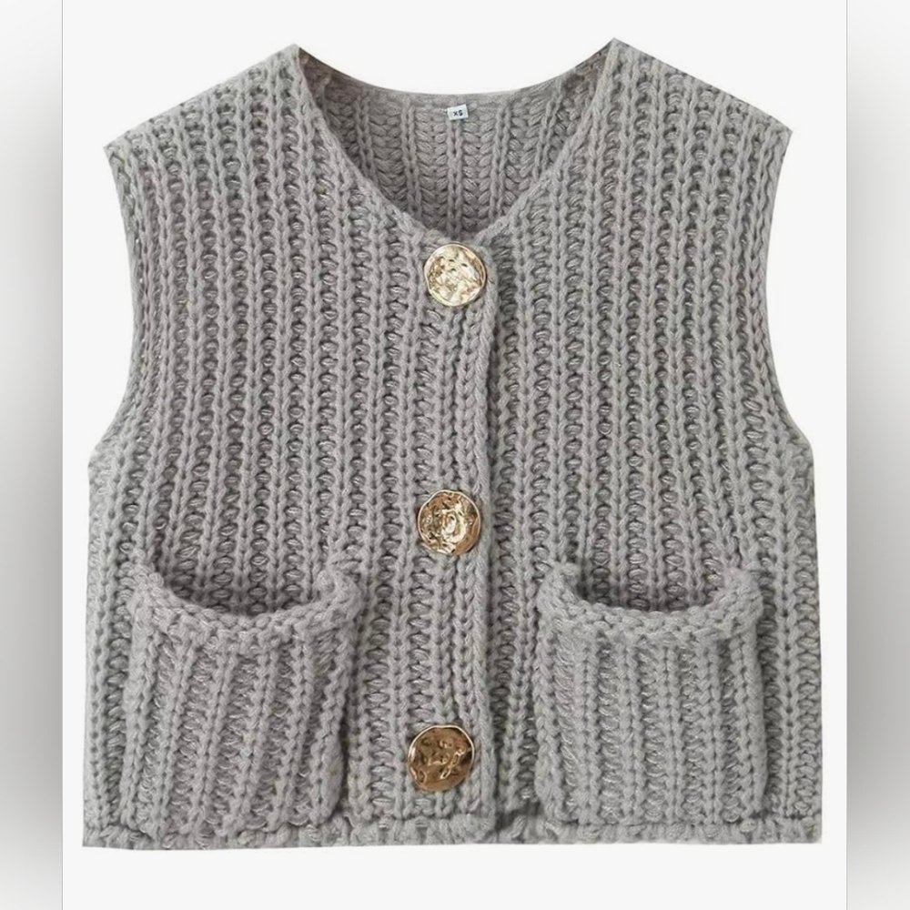 BNWT Gray Knit Sweater Vest with Gold Buttons